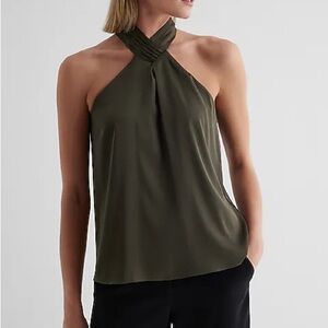 NWT Express Olive Green Satin Gathered Halter Neck Tank Size M
